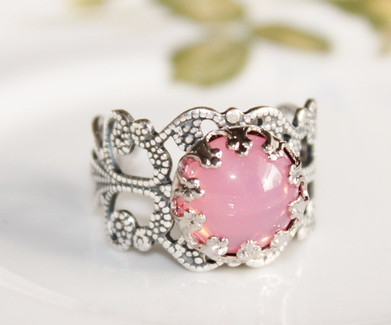 Vintage Pink Opal Ring,Pink Glass Opal,Adjustable Silver Filigree Ring,Antique,Victorian,Shabby Chic,Opal Jewelry,Birthstone,Keepsake image 5