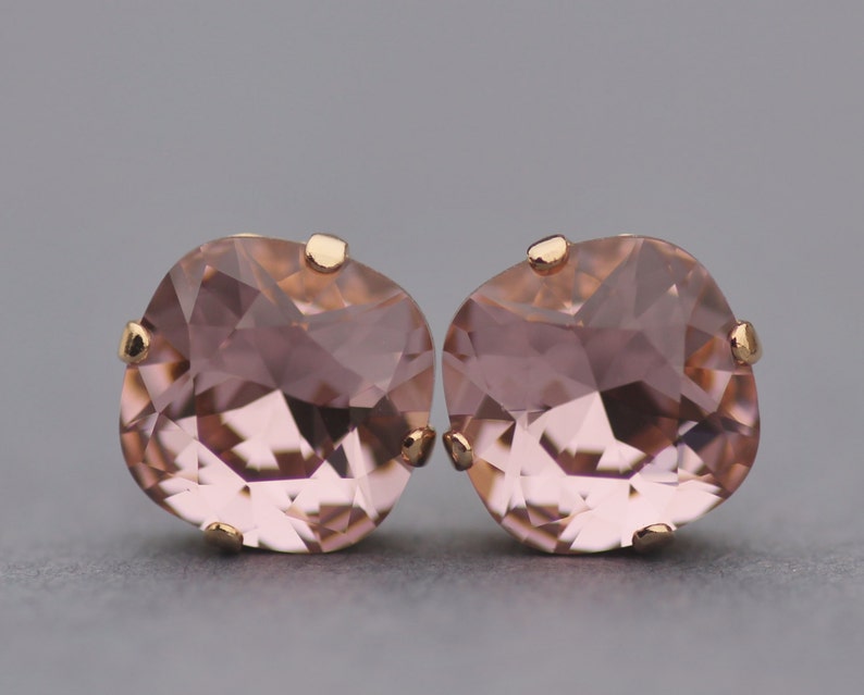 NEW Swarovski Dusky Blush Rose Cushion Studs,Swarovski Rhinestone Post Earrings,Vintage Rose,Dusky French Rose Peach,Bridesmaids,Weddings image 3