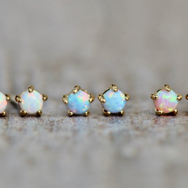 NEW Tiny Set of Opal Studs,White,Pink Blue Opal Post,Lab Created Opal Earring,Tiny Dainty Minimalist,Cartilage Piercing,October Birthstone