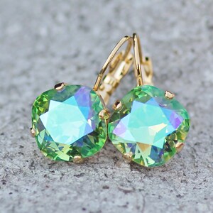 LIMITED Peridot Glacier Blue Cushion Earring,Swarovski Crystal Rhinestone Earring,Rounded Square,Gold Drop Earring,Bridal Bride,Gift image 4