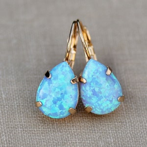 RARE Sky Blue Lab Opal Drop Earrings,pastel Blue Australian Opal Pear ...