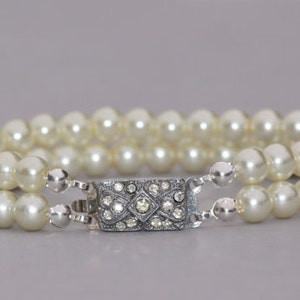 1920s AUTHENTIC Art Deco Pearl Bracelet,Multi Strand Pearl Bracelet,Silver Paste Rhinestone Paved Clasp,Faux Pearl,White,Bridal,Weddings