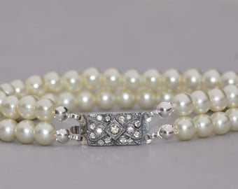 1920s AUTHENTIC Art Deco Pearl Bracelet,Multi Strand Pearl Bracelet,Silver Paste Rhinestone Paved Clasp,Faux Pearl,White,Bridal,Weddings