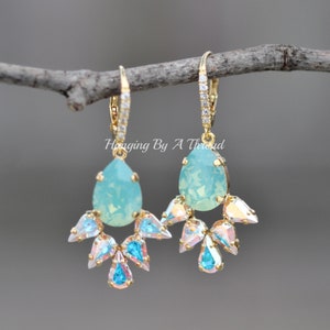 ALMoST GOnE! Swarovski Pacific Opal Crystal AB Cluster Earrings,Pear Teardrop Drop Dangle,Gold Pave Earring,Aurora Borealis,Bridal,Bride