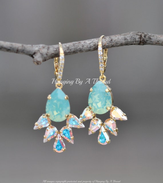 14k Gold-filled Leverback Cluster Dangle Earrings with Aurora Borealis Crystal Drops and Hearts 14k Gold-filled Leverback Cluster Dangle Earrings with Aurora Borealis Crystal Drops and Hearts