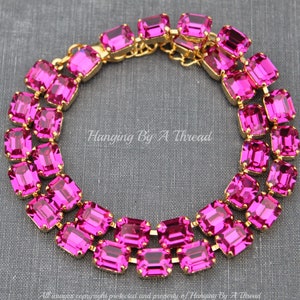 Collar de tenis octagonal fucsia rosa brillante, collar de tenis con cristales de imitación, rosa fuerte brillante, rectangular, dorado, collar de capas.