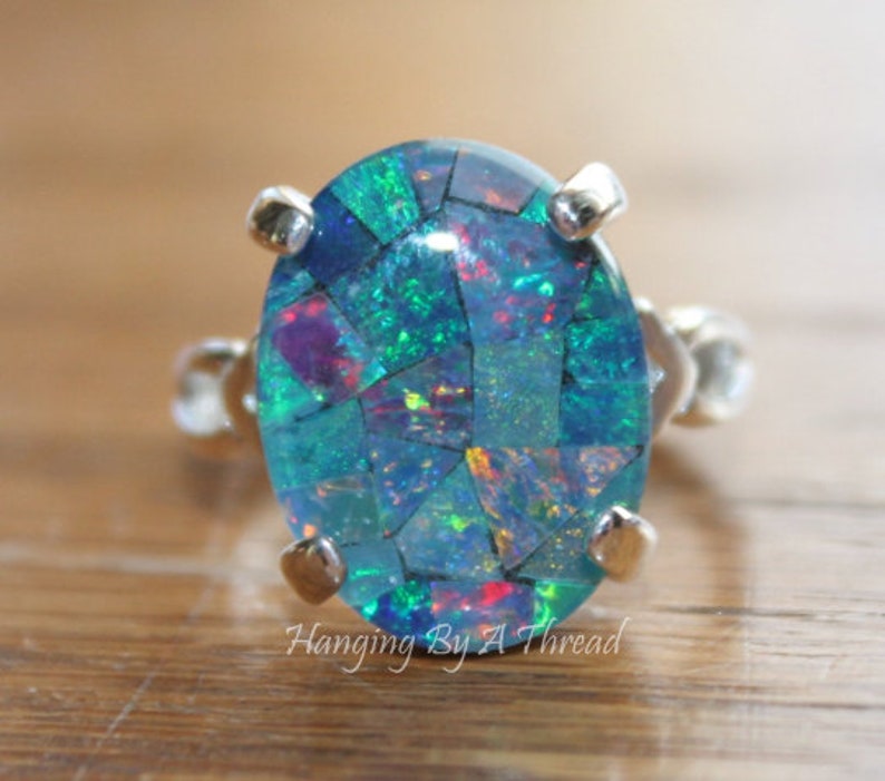 GENUINE Australian Opal Ring,Mosaic Opal Ring,Sterling Silver,Opal Jewelry,Birthstone,Gift for Her,Blue Opal,Gemstone Ring,OOAK image 2