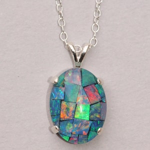 GENUINE Australian Opal Necklace,Sterling Silver Mosaic Opal Necklace,Gemstone Jewelry,Real Opal Jewelry,Silver Opal Necklace,Birthstone