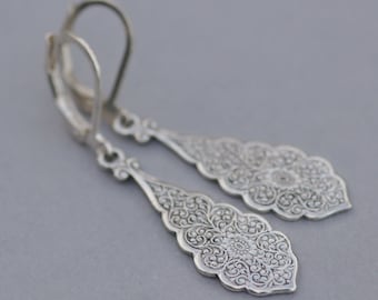 NEW Sterling Silver Art Deco Filigree Drop Earring,Ornate Silver Filigree Dangle,Art Nouveau,Sterling Silver Lever Back,Weddings,Bridesmaids