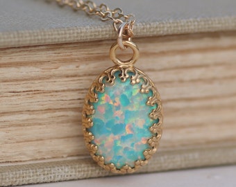 RARE Mint Seafoam Genuine Opal Necklace,14K Gold Filled Opal Gemstone Necklace,Large Opal Pendant,Rainbow,October Birthstone,Lab Created