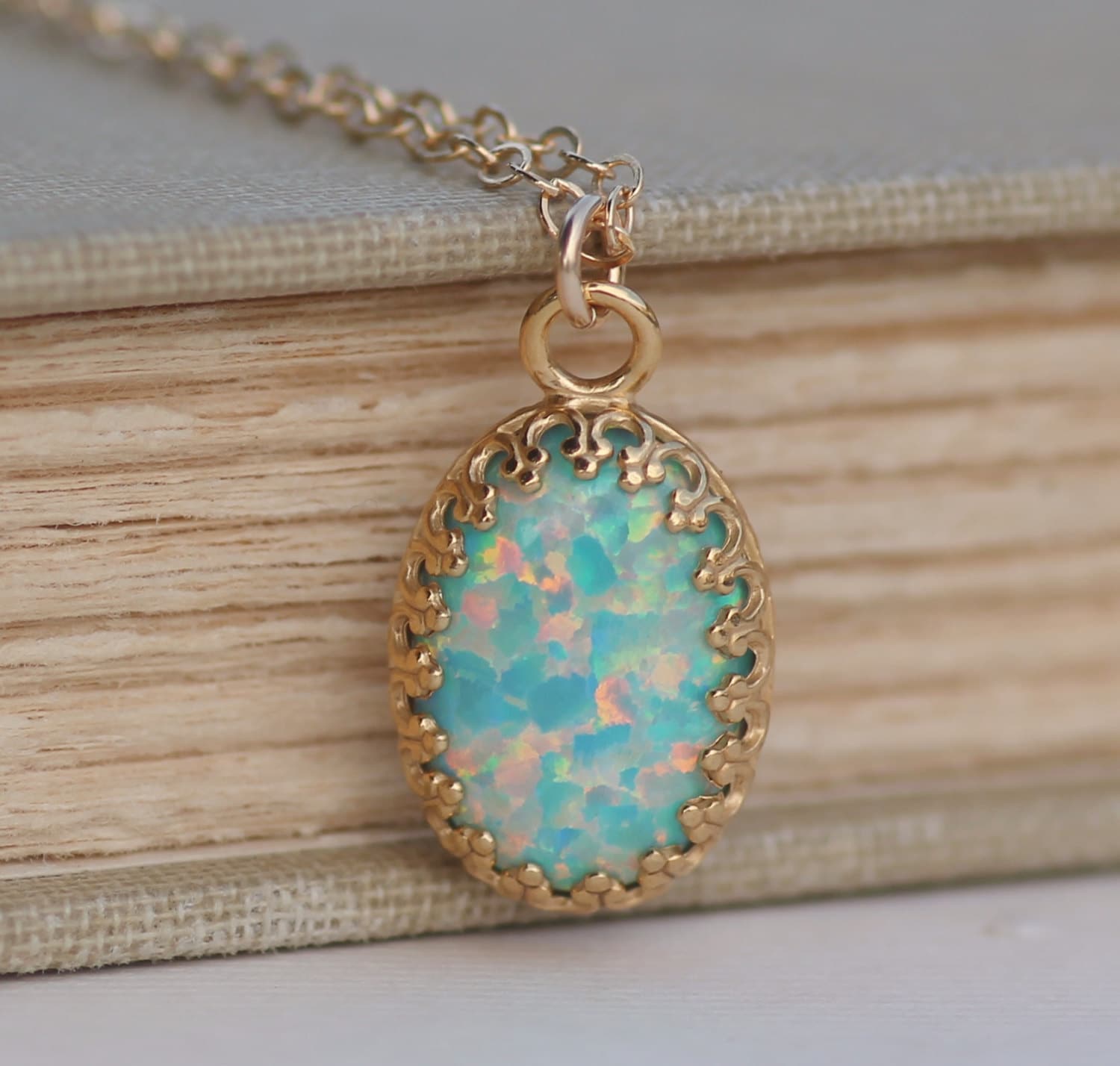 Rare Mint Seafoam Genuine Opal Necklace 14K Gold Filled Opal Gemstone Necklace Large Opal Pendant Rainbow October Birthstone Lab Created