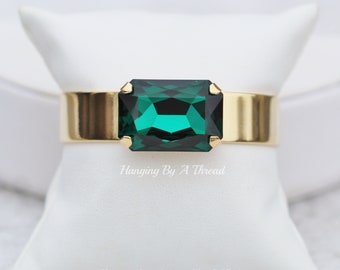 Rectangle Emerald Green Large Crystal Cuff,Gold Octagon Cuff Bracelet,Adjustable,Gold Bracelet,Holiday,Emerald Green Rhinestone,Swarovski