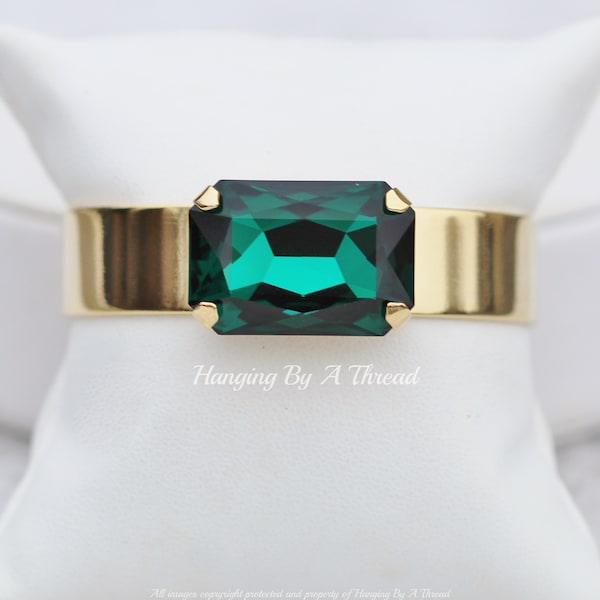 Rectangle Emerald Green Large Crystal Cuff,Gold Octagon Cuff Bracelet,Adjustable,Gold Bracelet,Holiday,Emerald Green Rhinestone,Swarovski