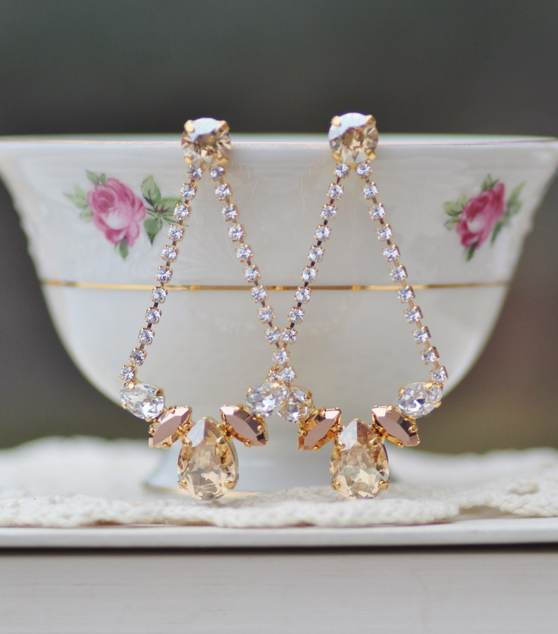 NEW Crystal Champagne Gold Long Chandelier Earrings,Rhinestone Crystal Earring,Bridal Weddings Statement,Golden Shadow,Rose Gold,Dangle