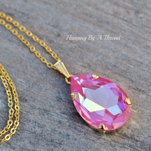 NEW COLOR Lotus Pink Large Pear Pendant,Swarovski Crystal Rhinestone Necklace,Long Layering Layer Necklace,Bright Pink,Gold,Gift,Statement image 5