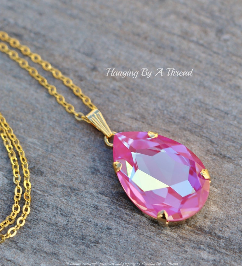 NEW COLOR Lotus Pink Large Pear Pendant,Swarovski Crystal Rhinestone Necklace,Long Layering Layer Necklace,Bright Pink,Gold,Gift,Statement image 5