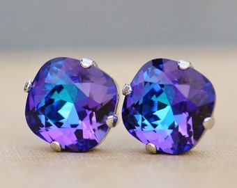 ALMOST GONE BLuE PURPLe Heliotrope Cushion Stud,Swarovski Rhinestone Earring,Post,Silver Stud,Rare Color,Rainbow,Jewel Tone,12mm Large Stud