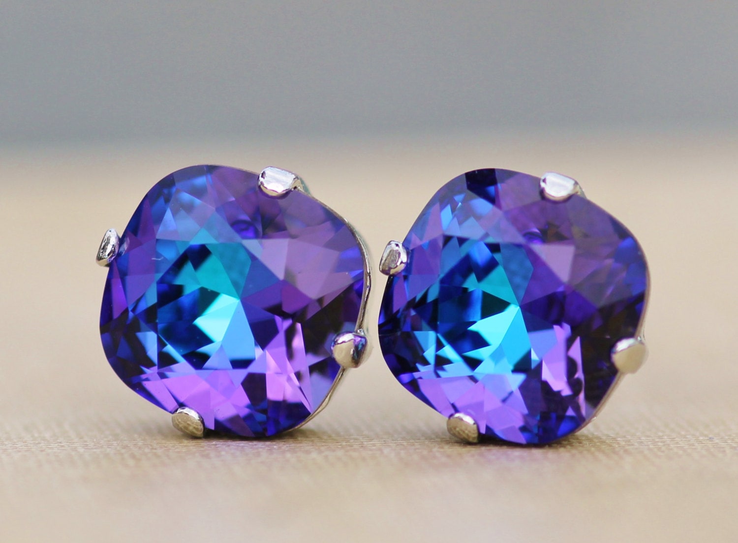 ALMOST GONE Blue Purple Heliotrope Cushion Stud swarovski Rhinestone Earring post silver Stud rare Color rainbow jewel Tone 12mm Large Stud Etsy