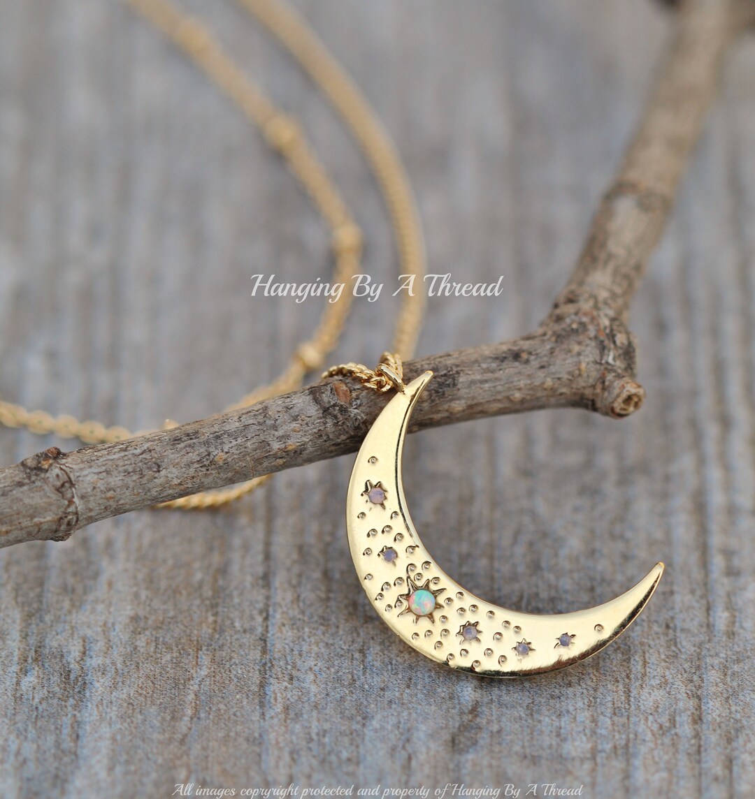 Large Gold White Opal Crescent Moon Necklace,two Strand Double Layering