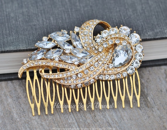 NEW LARGE Golden Clear Crystal Embellished Hair Comb,bridal  display picture 1