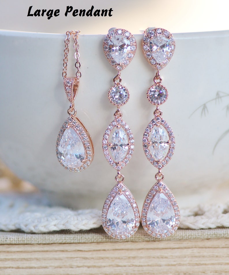 Rose Gold CZ Bridal Chandelier Earrings /& Necklace Set,Choose Pendant Size,Pear Long Drop Earring,Stud Post,Halo Rose Gold,Bridal,Wedding