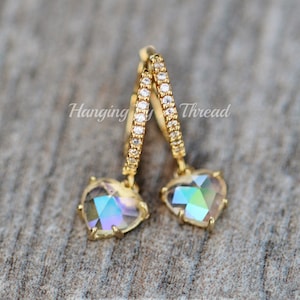 Tiny Gold Iridescent Heart Hoops,Small Gold Huggie Hoop Earrings,Clicker Hoop,Heart Charm,Crystal,Dainty Petite Small,Cartilage Hoop,Gift