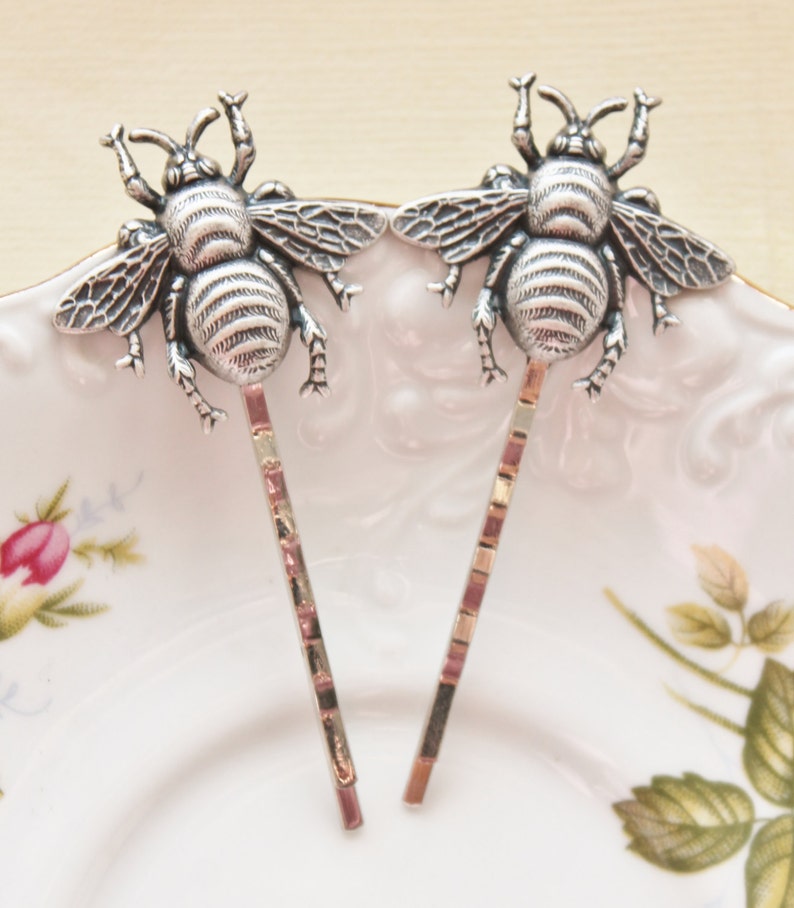 Silver Bee Hair Pins,Oxidized Silver Bee Bobby Pins,Whimsical,Woodland,Antique Silver,Nature,Sweet,Honeybee Hair Pins,Gift For Her image 2