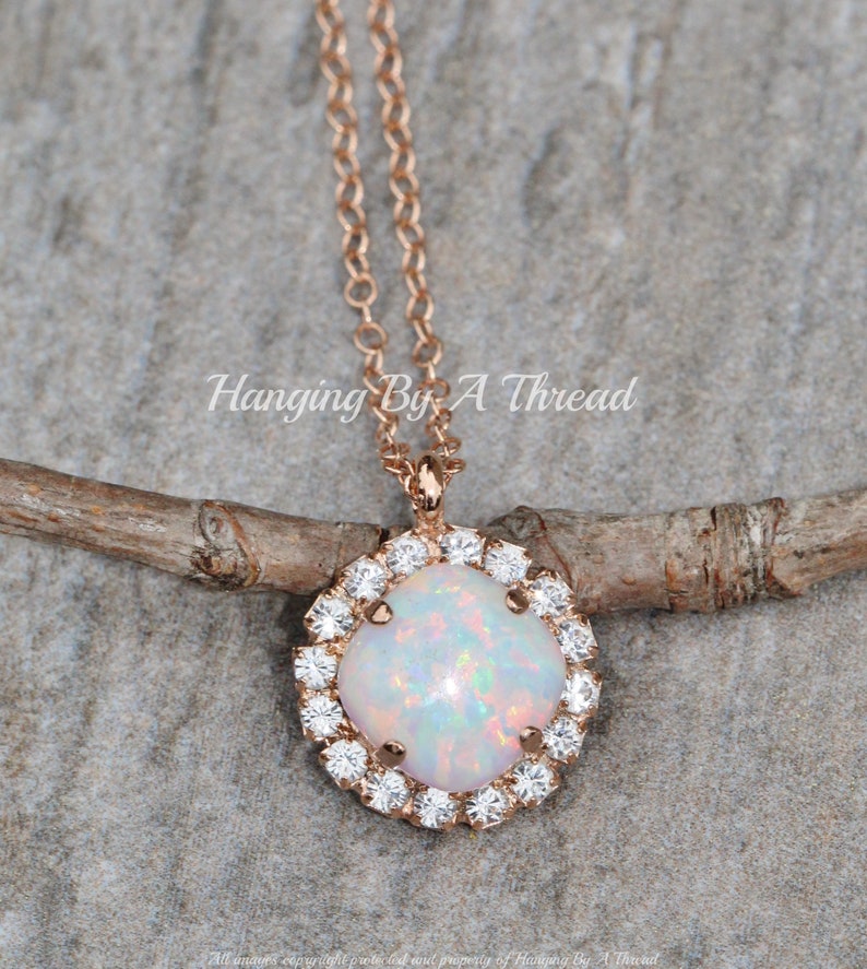 White Opal Gemstone Necklace,Halo Rhinestone Necklace,White Opal Swarovski Necklace,Cushion Cut Opal,Gold Filled,Sterling,Birthstone,Gift image 4