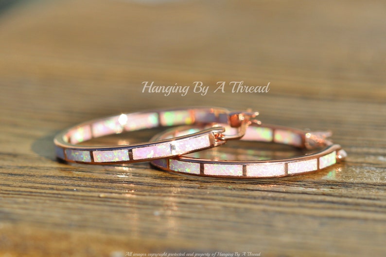 LARGE Pink Opal Rose Gold Hoop Earrings,Lab Created Opal Endless Hoop,Rose Gold Big Hoop Earrings,Lab Created Opal,Pink Rainbow,Rose Hoop image 7