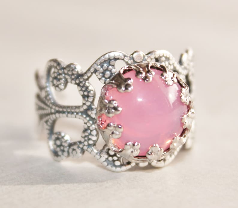 Vintage Pink Opal Ring,Pink Glass Opal,Adjustable Silver Filigree Ring,Antique,Victorian,Shabby Chic,Opal Jewelry,Birthstone,Keepsake image 4