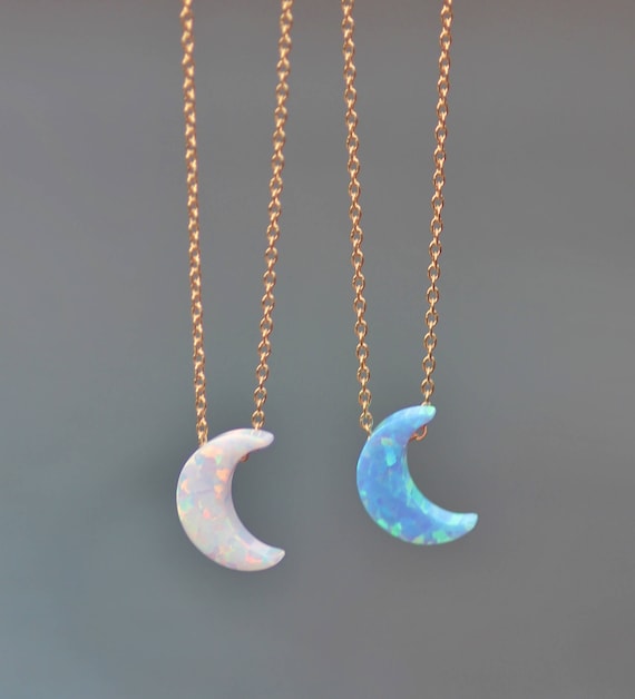 NEW Small Crescent Opal Moon Necklace,Small Opal Moon Pendant,Sterling Silver or 14K Yellow Gold,Blue Opal,White Opal,Lab Created Opal Gem