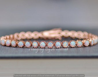 Rose Gold White Opal Tennis Bracelet,Crown Set Lab Created Opal.October Birthstone,4mm round,Rose Gold Opal Jewelry,Unique Gift For Her