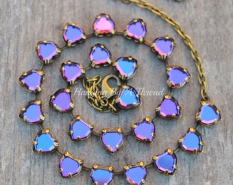 LIMITED Swarovski Heliotrope Heart Shaped Necklace,Heart Choker,Blue Purple Crystal Rhinestone Necklace,Antique Brass,Unique,Bridal,Gift