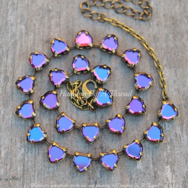 LAST 1 Swarovski Heliotrope Heart Shaped Necklace,Heart Choker,Blue Purple Crystal Rhinestone Necklace,Antique Brass,Unique,Bridal,Gift