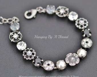 Pulsera de tenis con perlas de azabache transparentes y cristales de Swarovski adornados, pulsera de tenis con perlas blancas, negro azabache, diamantes negros y plata