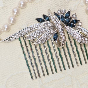 Navy Blue Pave Rhinestone Hair Comb,Sapphire Blue Rhinestone,Clear Crystal,Silver Large Ribbon Hair Comb,Bridal Hair Comb,Weddings,Art Deco