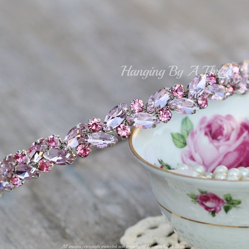 Pale Light Rose Pink Marquise Crystal Bridal Headband,silver  display picture 3