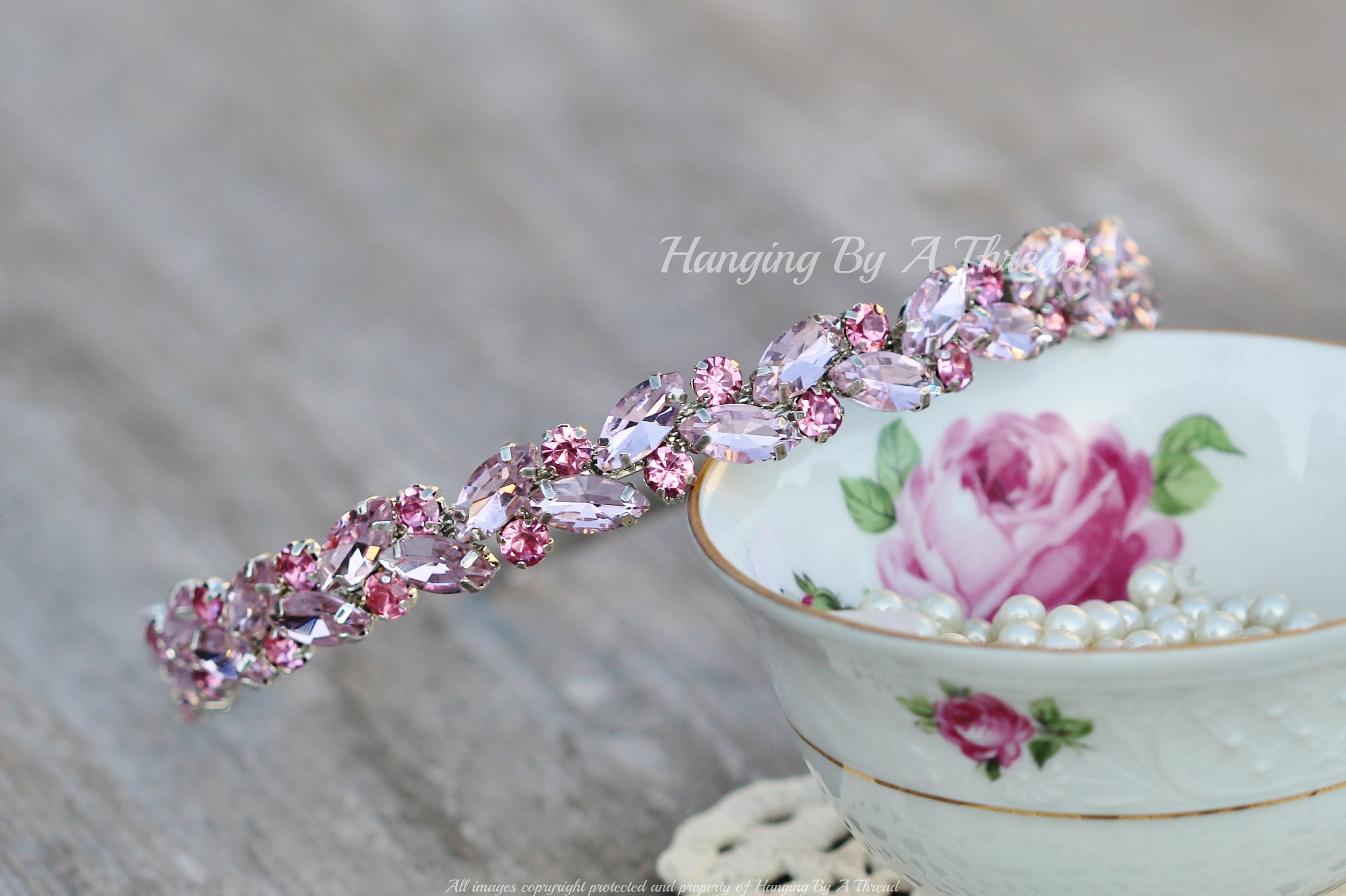 Pale Light Rose Pink Marquise Crystal Bridal Headband,silver  display picture 2