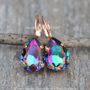 NEW Dark Rainbow Electra Crystal Drop Earring,Pear Teardrop Lever Back,Watermelon,Rose Gold Dangle,4320 Teardrop,Small Dainty,Gift For Her