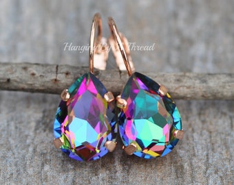 NEW Dark Rainbow Electra Crystal Drop Earring,Pear Teardrop Lever Back,Watermelon,Rose Gold Dangle,4320 Teardrop,Small Dainty,Gift For Her