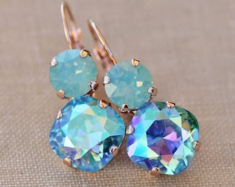 Swarovski ROSE GOLD Turquoise Glacier & Pacific Opal Earring,Mint Green Blue Turquoise Drop Earring,Rose Gold Lever Back,Cushion,Square,AB