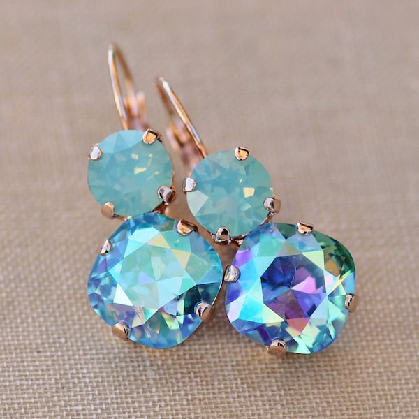 Boucles d'oreilles Swarovski OR ROSE, turquoise des glaciers et opale du Pacifique, Boucles d'oreilles pendantes turquoise bleu vert menthe, Dos levier or rose, Coussin, carré, AB