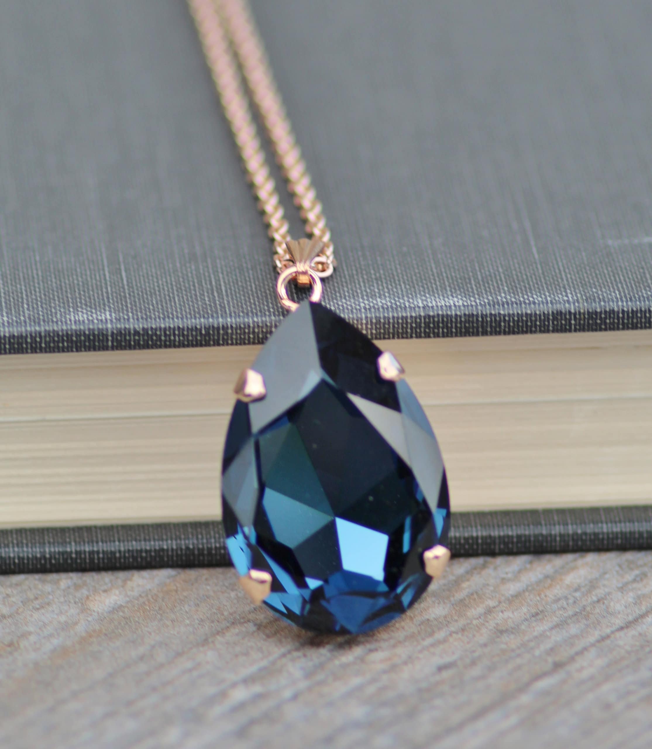 Large Sapphire Navy Blue Rhinestone Pendant Necklace,rose Gold Large ...