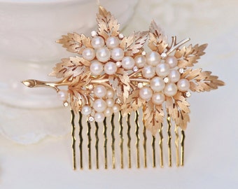 Vintage Signed Crown TRIFARI Brooch Hair Comb,Bridal Comb,TRUE Vintage Brooch,Gold Pearl & Rhinestone,Heirloom,Leaf and Pearl Floral Spray