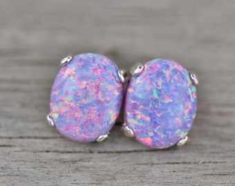 Sterling Silver Purple Opal Earrings,Lab Created Opal Gemstone Earrings,Small Stud Post Earring,Silver Oval Stud,October Birthstone,Bezel