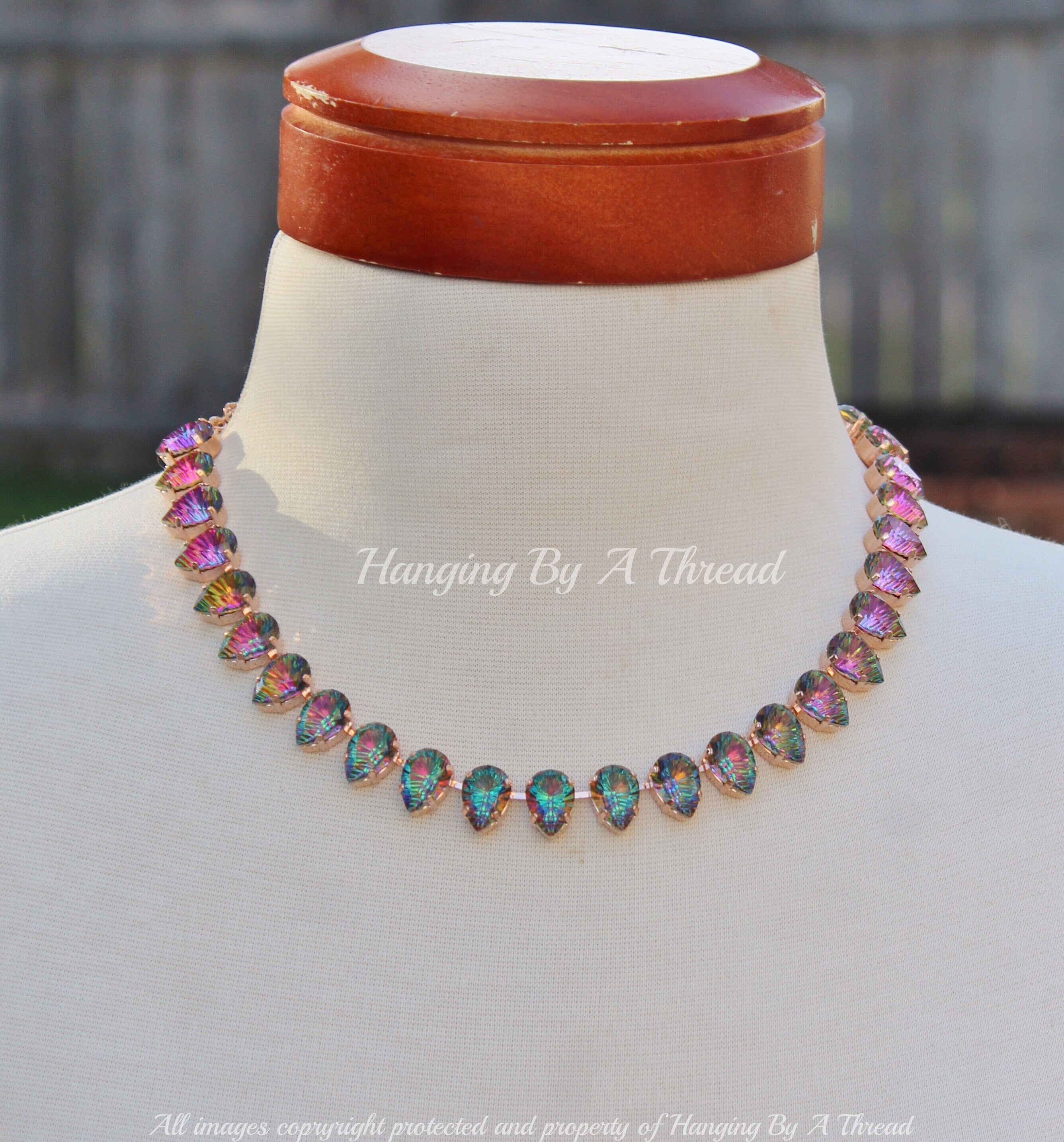 VERY LIMITED Crystal Carved Vitrail Pear Necklace,Vitrail Medium Rainbow Teardrop Necklace,Tennis Necklace,Collet,Dark Rainbow Concave Cut