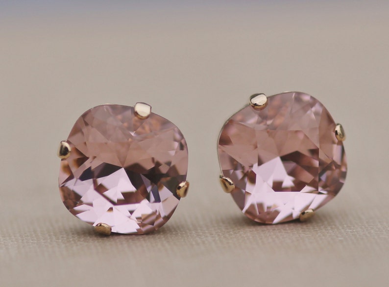 NEW Swarovski Dusky Blush Rose Cushion Studs,Swarovski Rhinestone Post Earrings,Vintage Rose,Dusky French Rose Peach,Bridesmaids,Weddings image 2