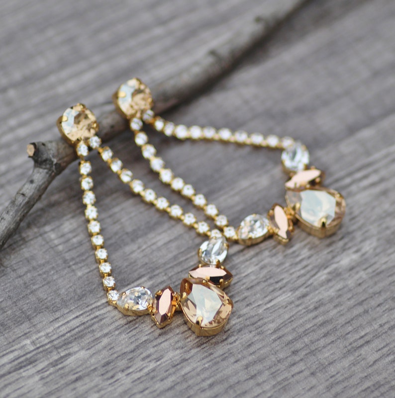 NEW Crystal Champagne Gold Long Chandelier Earrings,Rhinestone Crystal Earring,Bridal Weddings Statement,Golden Shadow,Rose Gold,Dangle