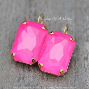 NEW COLOR Electrick Pink Ignite Octagon Swarovski Rhinestone Earring,Neon Bright Hot Pink,Large Rectangle,Lever Back,Rhinestone Crystal Drop