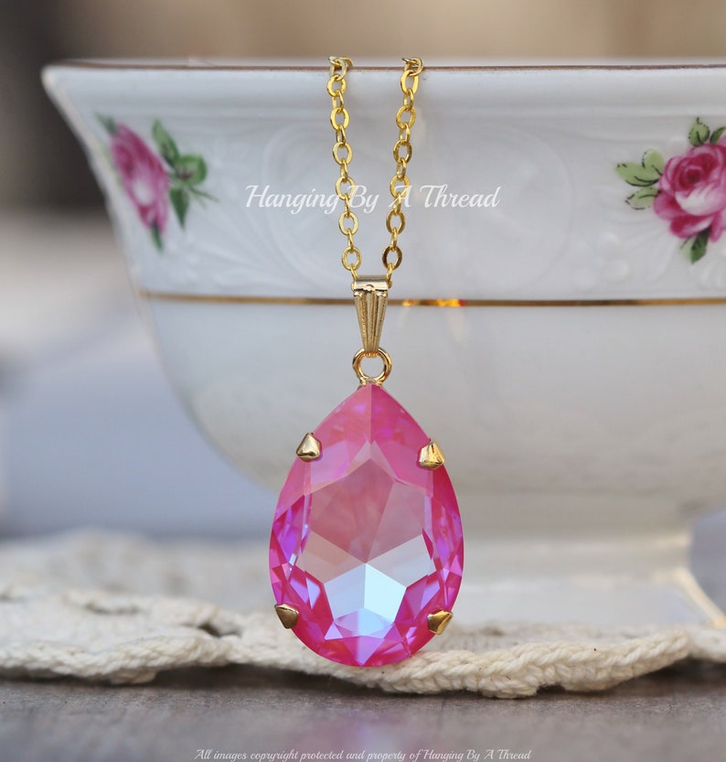 NEW COLOR Lotus Pink Large Pear Pendant,Swarovski Crystal Rhinestone Necklace,Long Layering Layer Necklace,Bright Pink,Gold,Gift,Statement image 2